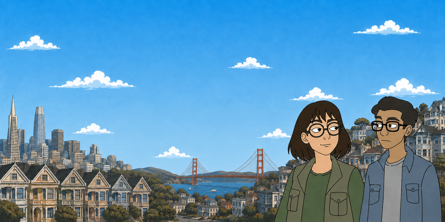 Two animated characters overlooking San Francisco, with the Golden Gate Bridge and Painted Ladies behind them.